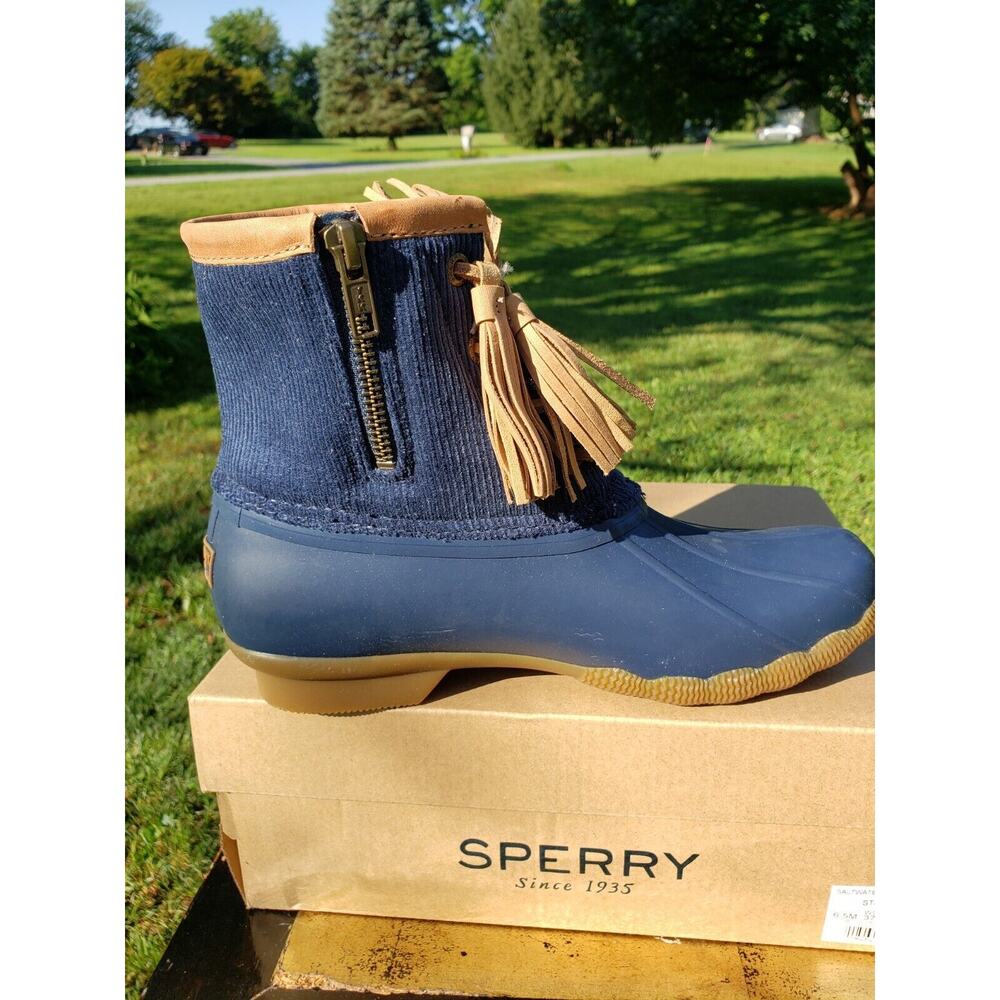 New Sperry Saltwater Tassel Corduroy Booties 6.5 Navy Blue - Picture 6 of 10